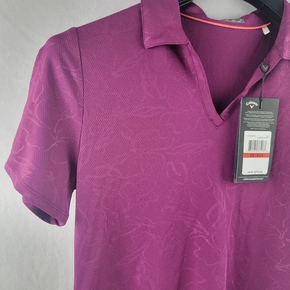 NWT Callaway Magenta purple floral embossed vneck Opti-dry polo XS - Picture 5 of 10